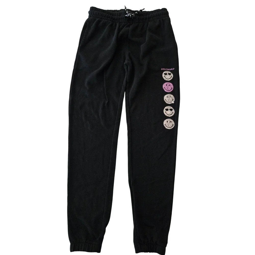 Smiley World Kids Sweatpants Black Size L 14/16 Joggers Pants‎ Happy Face